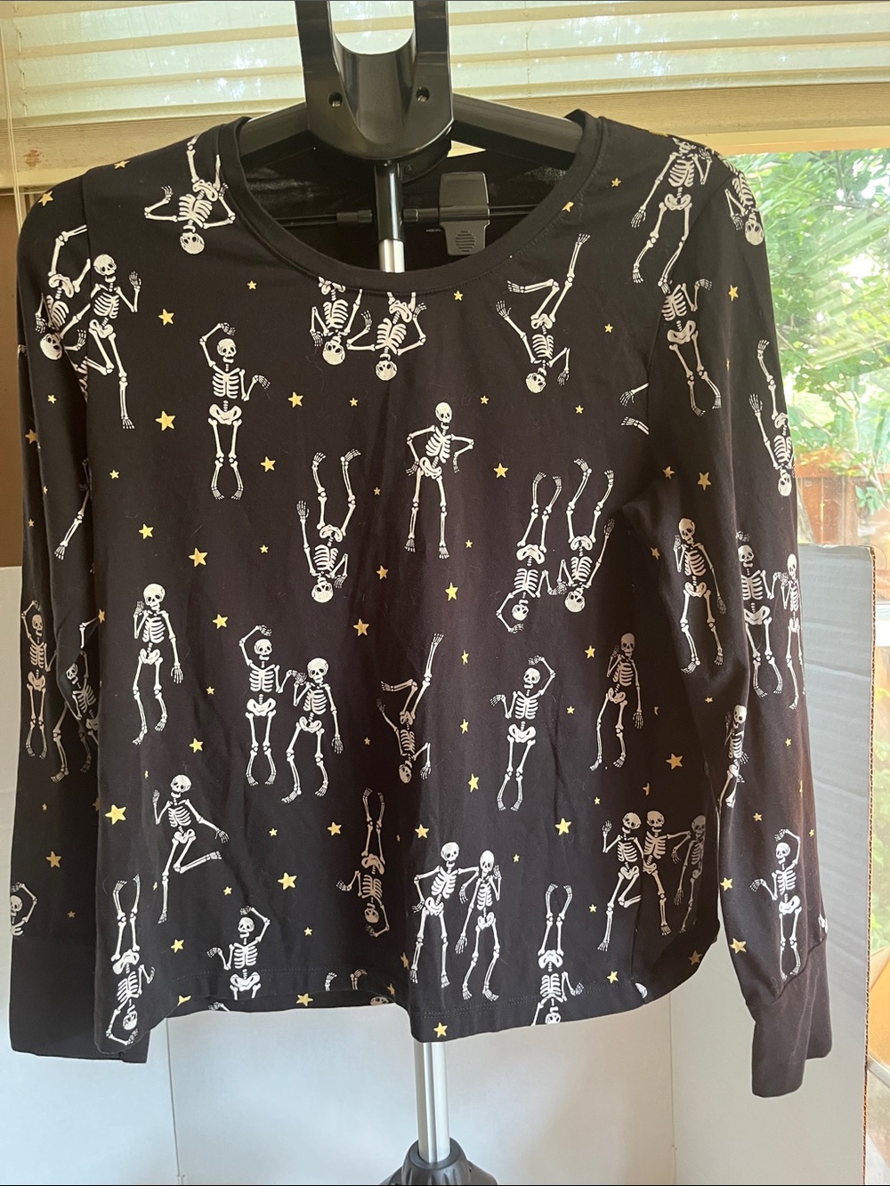 Old Navy Black Long-Sleeve Tee with White Skeleton and Gold Star Print